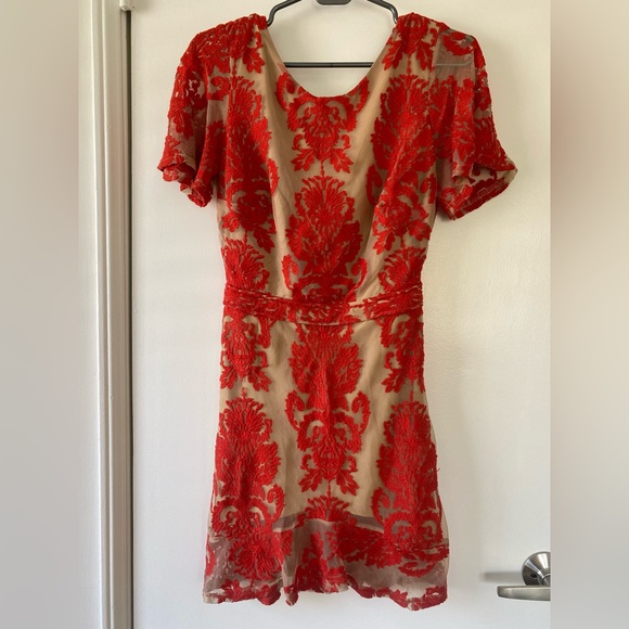 For Love & Lemons San Marcos Red Lace Nude Mini Dress, Sz S - Picture 2 of 7